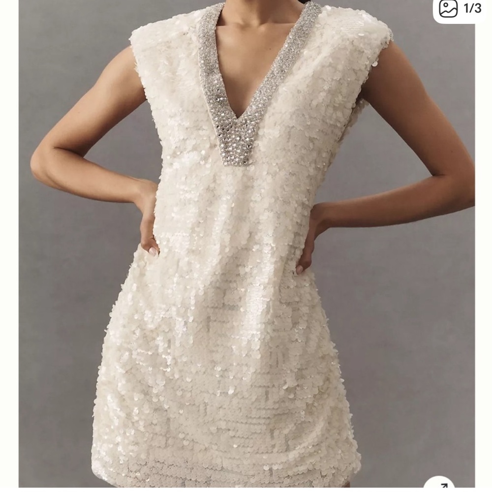 BHLDN Sequin Mini Dress with Silver Beaded V-Neck